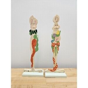 Set of 2 VINTAGE Easter Bunny Carved Wooden Hand Painted Long Tall Narrow Figure